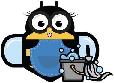 Busy Bees mascot: a bee in a blue apron with a bucket and mop